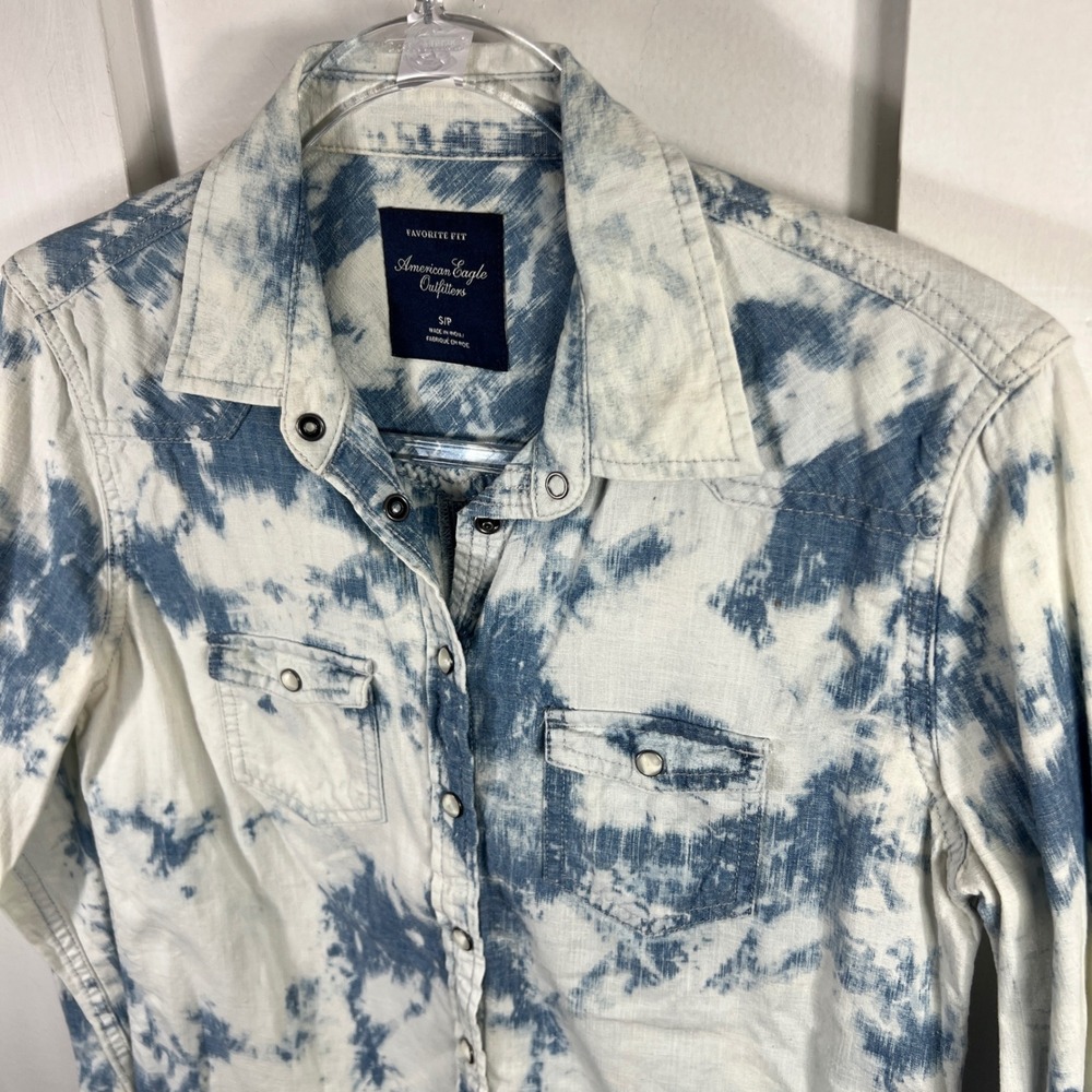American Eagle Favorite Fit Tie Dye Acid Wash Pearl Snap Front Western Shirt
